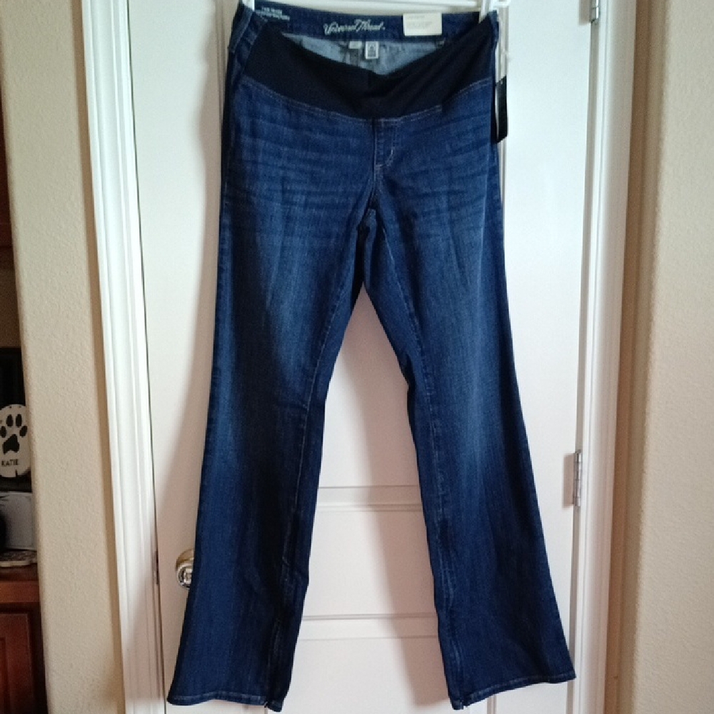 Universal Thread Dark Blue Flare Maternity Jeans with Black Waist Panel